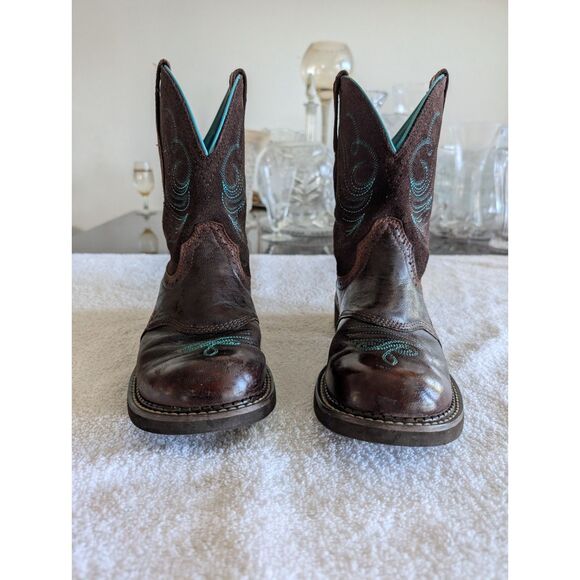 Ariat Women Western Boots Brown Turquoise Stitching Leather Round Toe - Picture 10 of 15